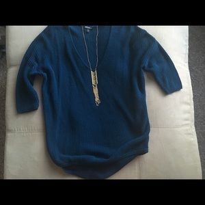 Cobalt blue, dolman V-neck sweater. High-low.